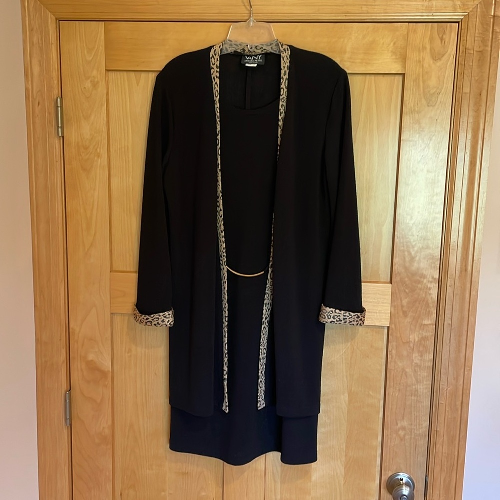 Vany Black All-in One Dress and Jacket.  Misses 14 Petite.  Leopard trim